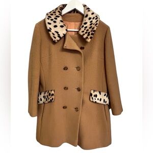 Vintage Tan Wool Peacoat with Faux Leopard Collar & Pockets